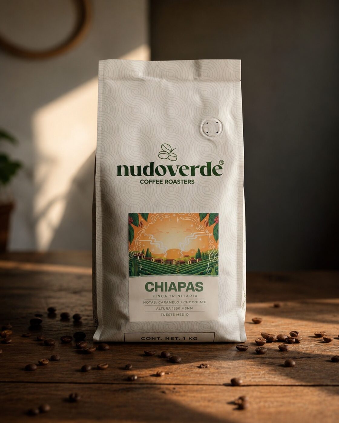 Bolsa de café NudoVerde de Chiapas, zona La Trinitaria, con notas de caramelo y chocolate