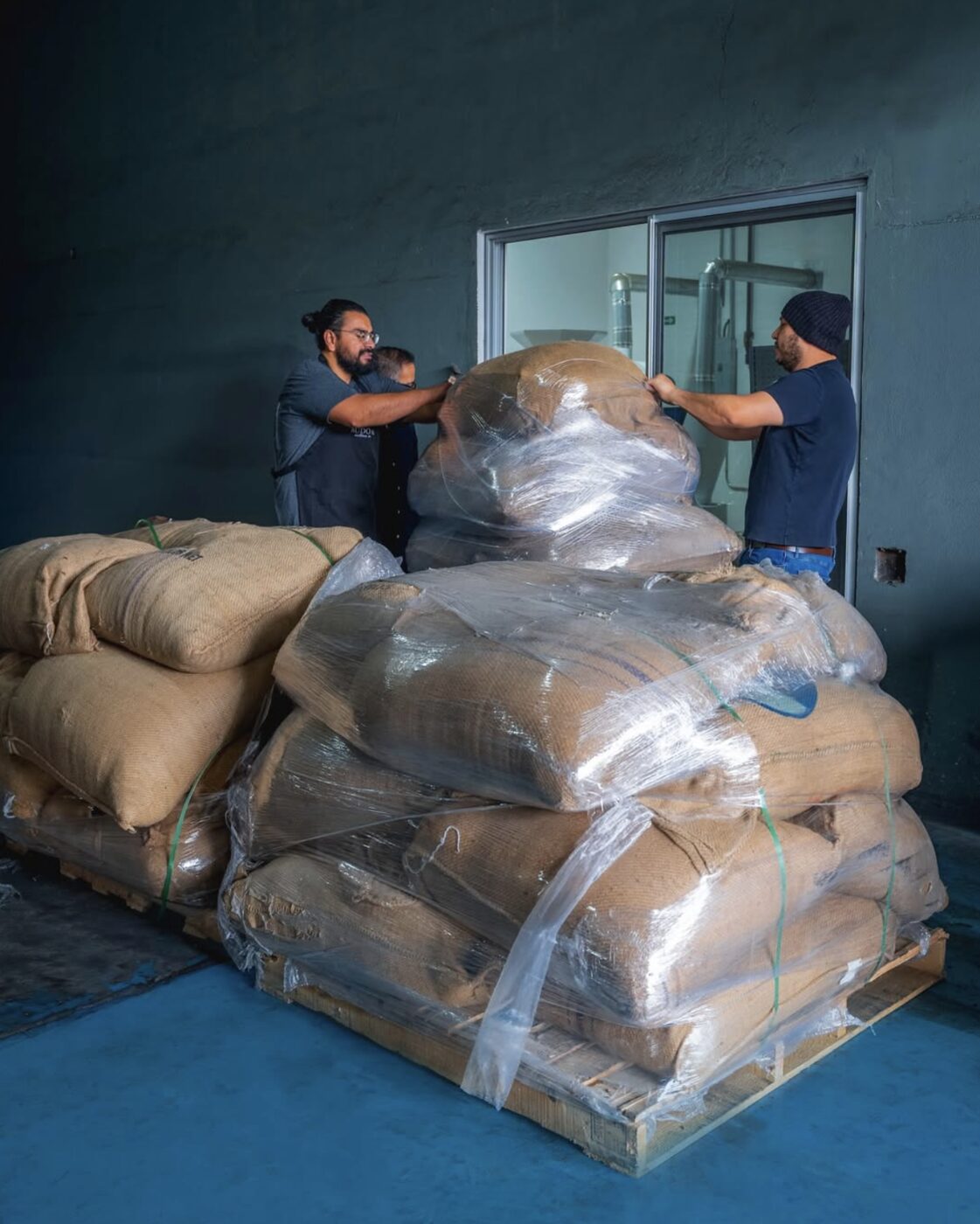 Sacos de café verde recibidos en la bodega de NudoVerde en Tijuana