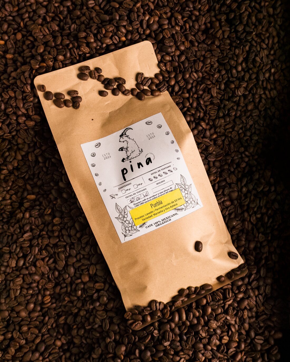 Bolsa de café de Pina — Barra Tostadora sobre grano tostado: origen Puebla, proceso lavado con fermentación, varietales Marsella y Oro Azteca